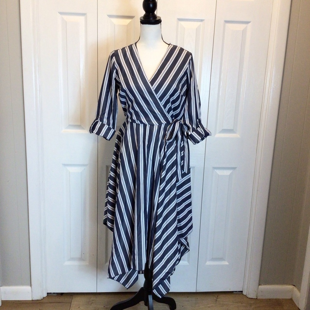 NWOT Mlle Gabrielle Blue Striped Roll Tab Sleeve Faux Wrap Asymmetrical Dress Sm